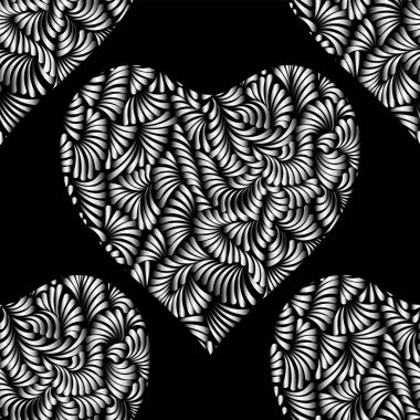 Gümüş kalpler Dikişsiz desen vektör. Parlak gümüş ve siyah Sevgililer günü arka plan. Doodle kalpler süsleme. Gümüş folyo doku.