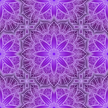 Vektör seamless modeli mandala çiçek mor, pembe ve Lila tonları. Dantel mandala doodle. Vektör çizim. Yuvarlak süs geometrik bardak altlığı peçete oyma