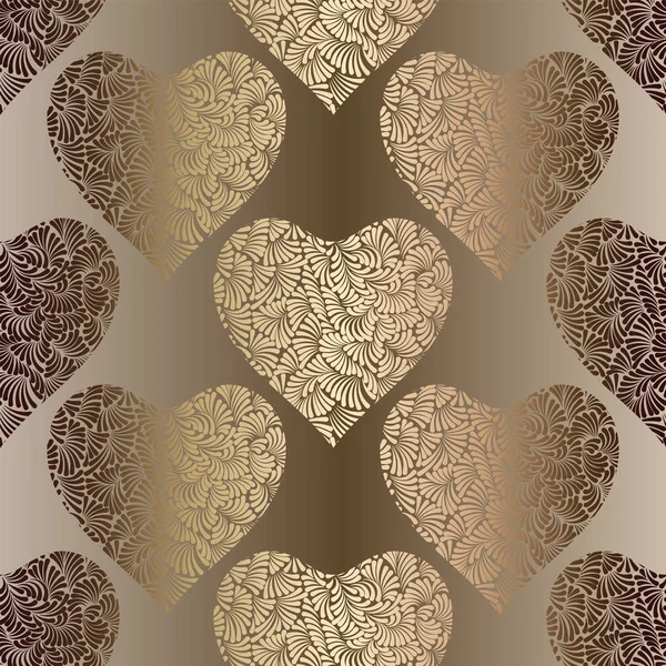 Corazón de oro patrón de vectores sin costura. Fondo brillante día de San Valentín de oro. Adorno Doodle corazones. Textura de lámina de oro . — Vector de stock