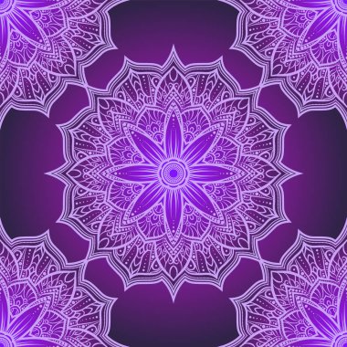 Vektör seamless modeli mandala çiçek mor, pembe ve Lila tonları. Dantel mandala doodle. Vektör çizim. Yuvarlak süs geometrik bardak altlığı peçete oyma