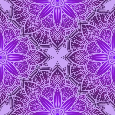 Vektör seamless modeli mandala çiçek mor, pembe ve Lila tonları. Dantel mandala doodle. Vektör çizim. Yuvarlak süs geometrik bardak altlığı peçete oyma