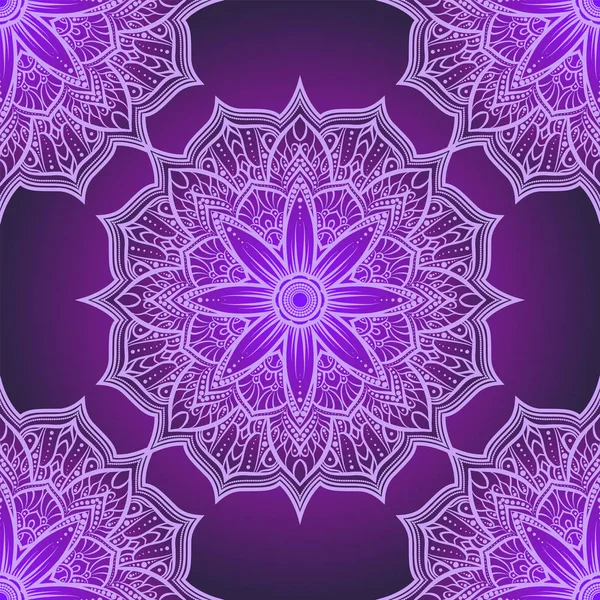 Patrón sin costura vectorial flor de mandala en tonos púrpura, rosa y lila. Mandala de encaje Doodle. Ilustración vectorial. Traceria de tapete geométrica ornamental redonda — Vector de stock