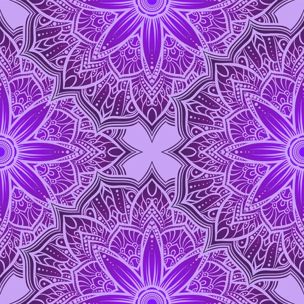 Patrón sin costura vectorial flor de mandala en tonos púrpura, rosa y lila. Mandala de encaje Doodle. Ilustración vectorial. Traceria de tapete geométrica ornamental redonda — Vector de stock