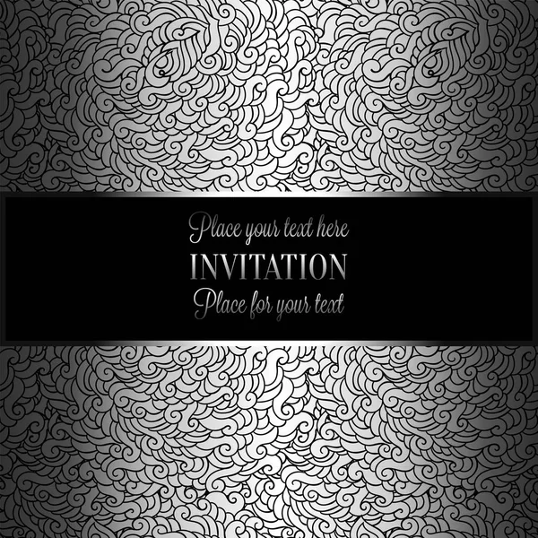 Fondo abstracto con plata de metal de lujo con lugar para la tracería de texto vintage hecha de plumas, adornos de papel pintado floral damasco, tarjeta de invitación, patrón de moda — Vector de stock