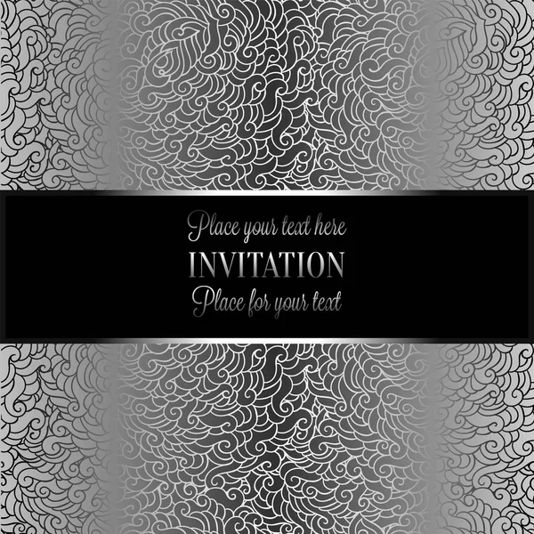 Abstract background with luxury metal silver with place for text vintage tracery made of feathers, damask floral wallpaper ornaments, invitation card, fashion pattern — Stock Vector