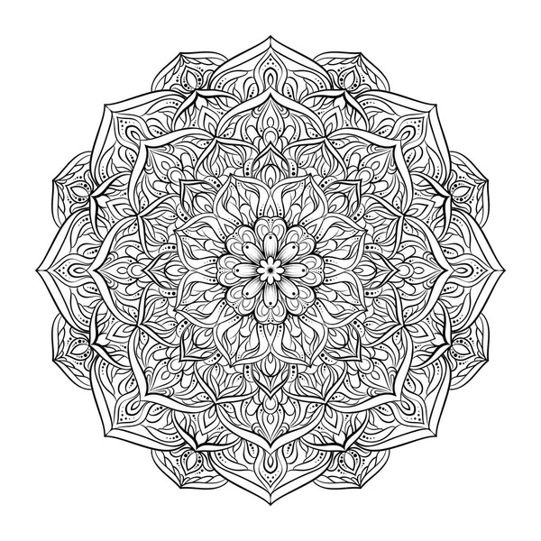Vektorillustration prickade runt mandala i svart isolerad på vit bakgrund. Runda dekorativa ornament. Geometriska element i trendiga dotwork stil för tatuering. — Stock vektor