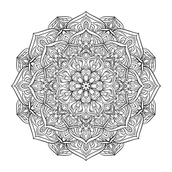 Ilustrasi vektor bertitik-titik mandala bulat dalam warna hitam yang terisolasi pada latar belakang putih. Ornamen dekoratif bulat. Elemen geometris dalam gaya trendi dotwork untuk tato . - Stok Vektor