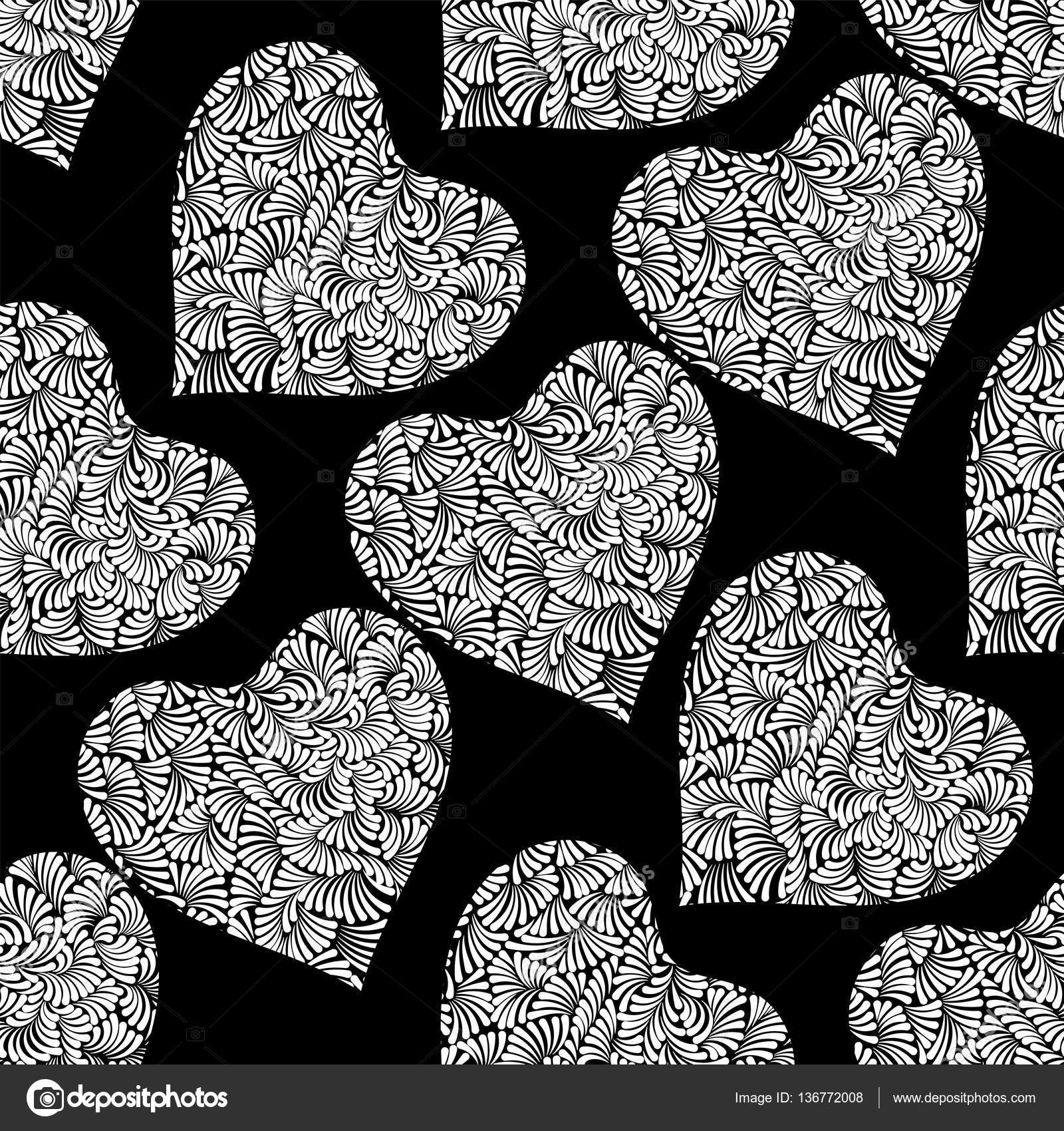 Silver hearts seamless vector pattern. Shiny silver and black