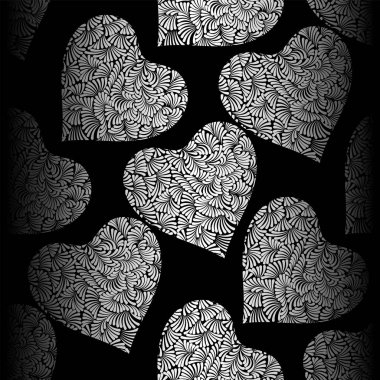 Gümüş kalpler Dikişsiz desen vektör. Parlak gümüş ve siyah Sevgililer günü arka plan. Doodle kalpler süsleme. Gümüş folyo doku.