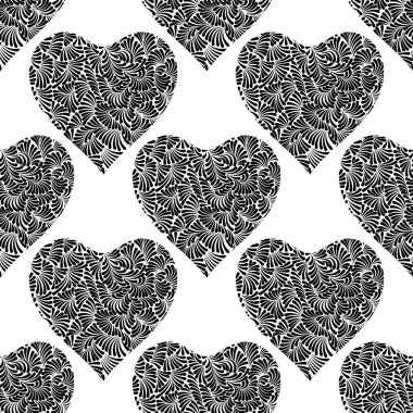 Gümüş kalpler Dikişsiz desen vektör. Siyah ve beyaz Sevgililer günü arka plan. Doodle kalpler süsleme.