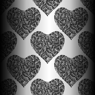 Gümüş kalpler Dikişsiz desen vektör. Parlak gümüş ve siyah Sevgililer günü arka plan. Doodle kalpler süsleme. Gümüş folyo doku.
