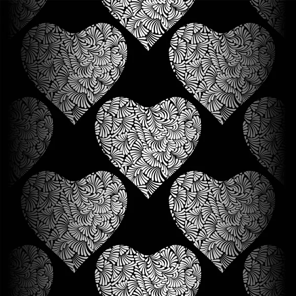 Coeurs argentés motif vectoriel sans couture. Argent brillant et fond de Saint Valentin noir. Ornement de coeur de caniche. Texture de feuille d'argent . — Image vectorielle