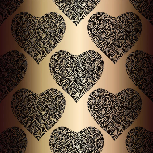 Corazón de oro patrón de vectores sin costura. Fondo brillante de San Valentín dorado y negro. Adorno Doodle corazones. Textura de lámina de oro . — Vector de stock