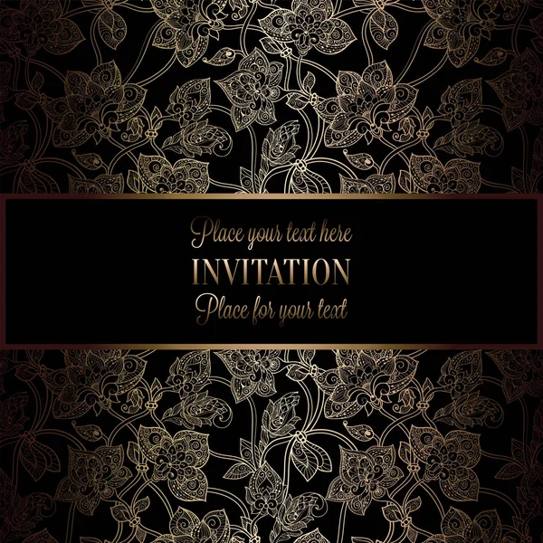 Intricate background with antique, luxury black and gold vintage frame, victorian banner, damask floral wallpaper ornaments, invitation card, baroque style booklet, fashion pattern, template for desig — Stock Vector