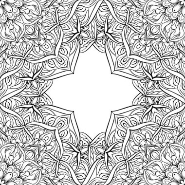 Vektör seamless modeli mandala çiçek beyaz zemin üzerinde. Tek renkli siyah ve. Doodle dantel. resimde. Yuvarlak süs geometrik bardak altlığı peçete oyma