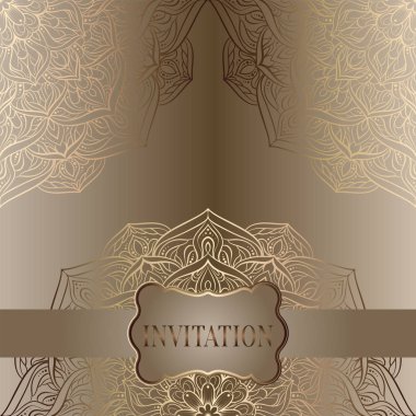 Romantik arka plan antika, lüks bej ve altın ile vintage çerçeve, Viktorya dönemi afiş, dantelli mandala duvar kağıdı süsler, davetiye, Barok tarzı kitapçık, moda deseni