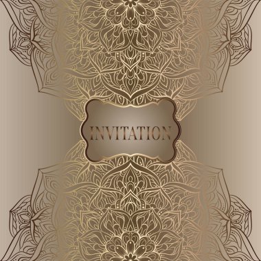 Romantik arka plan antika, lüks bej ve altın ile vintage çerçeve, Viktorya dönemi afiş, dantelli mandala duvar kağıdı süsler, davetiye, Barok tarzı kitapçık, moda deseni