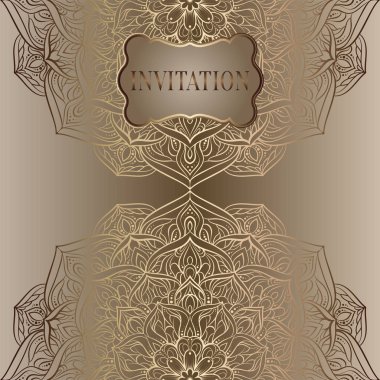 Romantik arka plan antika, lüks bej ve altın ile vintage çerçeve, Viktorya dönemi afiş, dantelli mandala duvar kağıdı süsler, davetiye, Barok tarzı kitapçık, moda deseni