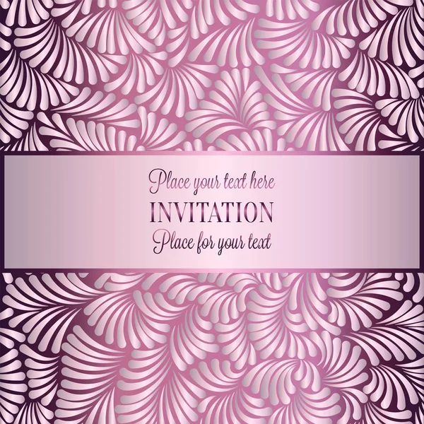 Romantic background with antique, luxury shiny pink vintage frame, victorian banner, made of feathers wallpaper ornaments, invitation card, baroque style booklet,template for design — Stock Vector