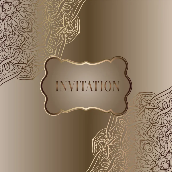 Romantic background with antique, luxury beige and gold vintage frame, victorian banner, lacy mandala wallpaper ornaments, invitation card, baroque style booklet, fashion pattern — Stock Vector