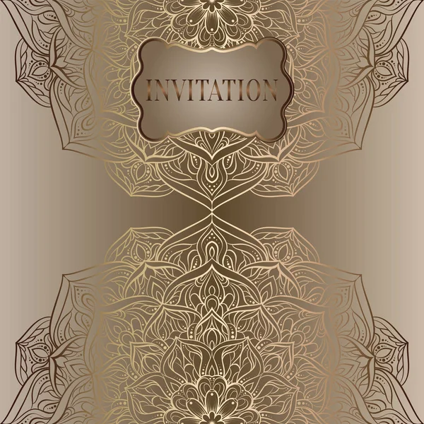 Romantic background with antique, luxury beige and gold vintage frame, victorian banner, lacy mandala wallpaper ornaments, invitation card, baroque style booklet, fashion pattern — Stock Vector