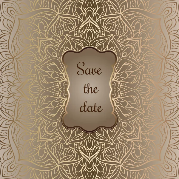 Fondo romántico con marco antiguo, beige de lujo y oro vintage, bandera victoriana, adornos de papel pintado de mandala de encaje, tarjeta de invitación, folleto de estilo barroco, patrón de moda — Vector de stock