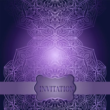Romantik arka plan antika, lüks mor ve Lila vintage çerçeve, Viktorya dönemi afiş, dantelli mandala duvar kağıdı süsler, davetiye, Barok tarzı kitapçık, moda deseni ile