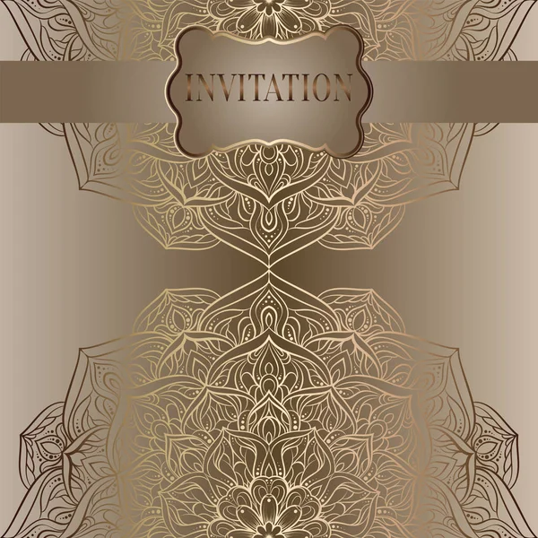 Romantic background with antique, luxury beige and gold vintage frame, victorian banner, lacy mandala wallpaper ornaments, invitation card, baroque style booklet, fashion pattern — Stock Vector