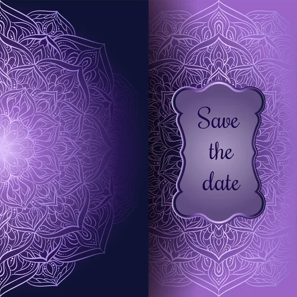 Romantic background with antique, luxury purple and lilac vintage frame, victorian banner, lacy mandala wallpaper ornaments, invitation card, baroque style booklet, fashion pattern — Stock Vector