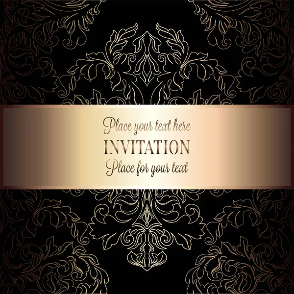 Baroque background with antique, luxury black and gold vintage frame, victorian banner, damask floral wallpaper ornaments, invitation card, baroque style booklet, fashion pattern, template for design — Stock Vector