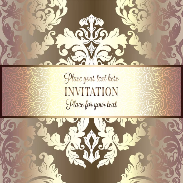 Baroque background with antique, luxury beige, brown and gold vintage frame, victorian banner, damask floral wallpaper ornaments, invitation card, baroque style booklet, fashion pattern — Stock Vector