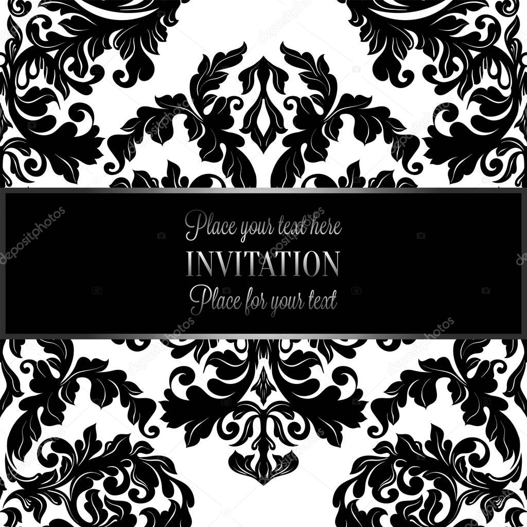 Baroque background with antique, luxury black and white vintage frame, victorian banner, damask floral wallpaper ornaments, invitation card, baroque style booklet, fashion pattern, template for design