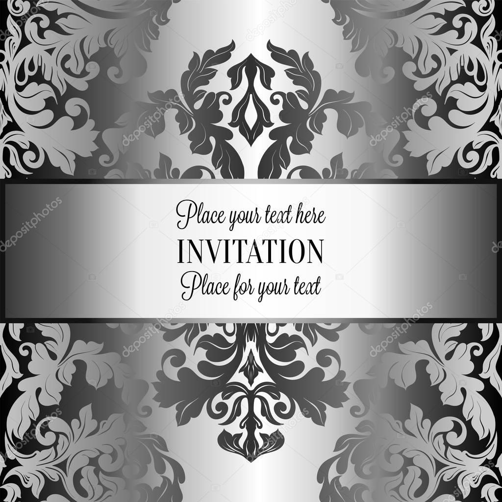 Baroque background with antique, luxury gray and metal silver vintage frame, victorian banner, damask floral wallpaper ornaments, invitation card, baroque style booklet, fashion pattern
