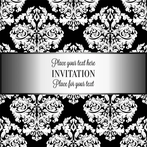 Fond baroque avec cadre vintage antique, gris luxe, noir et métal argenté, bannière victorienne, ornements de papier peint floral damassé, carte d'invitation, livret de style baroque, motif de mode — Image vectorielle