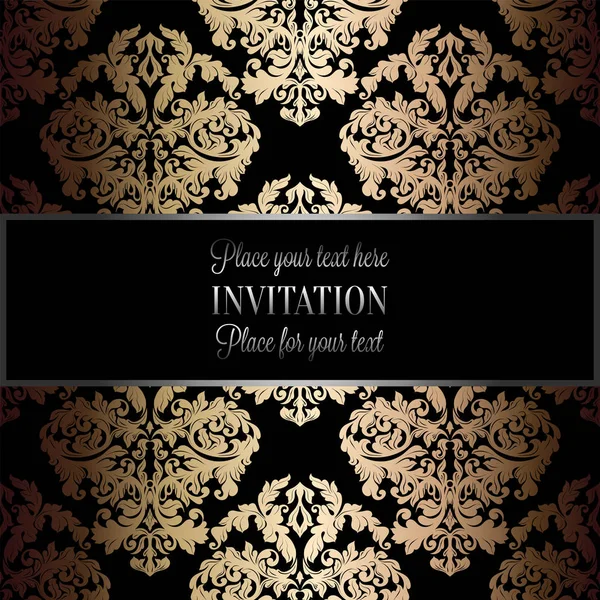 Baroque background with antique, luxury black and gold vintage frame, victorian banner, damask floral wallpaper ornaments, invitation card, baroque style booklet, fashion pattern, template for design — Stock Vector