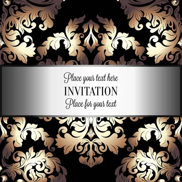 Fond baroque avec cadre vintage antique, noir et or de luxe, bannière victorienne, ornements de papier peint floral damassé, carte d'invitation, livret de style baroque, modèle de mode, modèle pour la conception — Image vectorielle