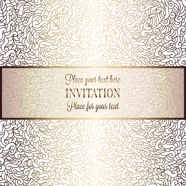 Fondo romántico con marco vintage de oro holográfico de lujo, bandera victoriana, hecho de plumas adornos de papel pintado, tarjeta de invitación, folleto de estilo barroco, efecto holografía — Vector de stock