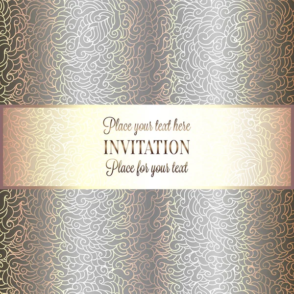 Fondo romántico con marco vintage de oro holográfico de lujo, bandera victoriana, hecho de plumas adornos de papel pintado, tarjeta de invitación, folleto de estilo barroco, efecto holografía — Vector de stock