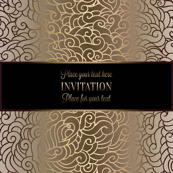 Fond romantique avec cadre vintage antique, noir de luxe, beige et or, bannière victorienne, en plumes ornements de papier peint, carte d'invitation, livret de style baroque, motif de mode — Image vectorielle