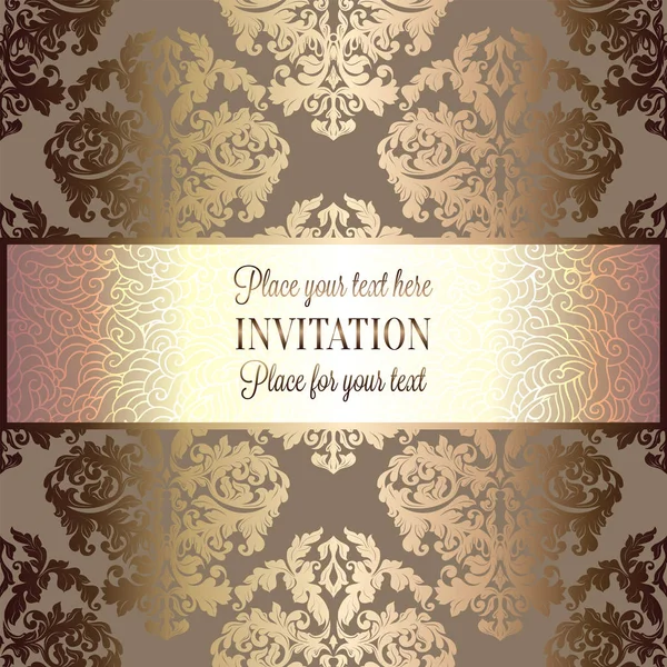 Fond baroque avec antique, cadre vintage en or de luxe, bannière victorienne, ornements de papier peint floral damassé, carte d'invitation, livret de style baroque, modèle de mode, modèle pour la conception — Image vectorielle