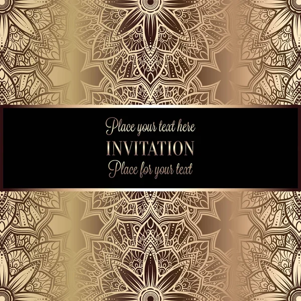 Baroque background with antique, luxury black and gold vintage frame, victorian banner, damask floral wallpaper ornaments, invitation card, baroque style booklet, fashion pattern, template for design — Stock Vector