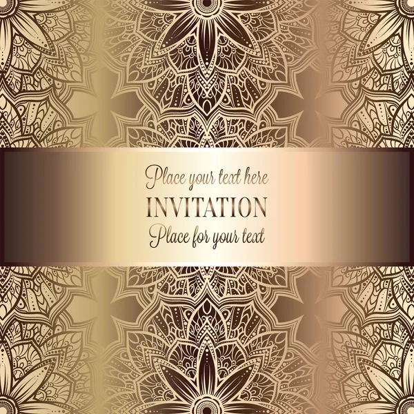 Abstract, achtergrond, luxe beige en goud vintage frame, Victoriaanse banner, damask bloemen behang ornamenten, uitnodigingskaart, barokke stijl boekje, mode patroon, sjabloon voor ontwerp — Stockvector