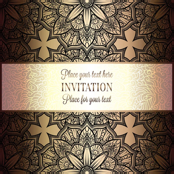 Fond baroque avec cadre vintage antique, noir et or de luxe, bannière victorienne, ornements de papier peint floral damassé, carte d'invitation, livret de style baroque, modèle de mode, modèle pour la conception — Image vectorielle