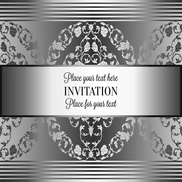 Fond romantique avec cadre vintage en argent antique, gris et métal de luxe, bannière victorienne, ornements complexes de papier peint rococo, carte d'invitation, livret de style baroque, gothique — Image vectorielle