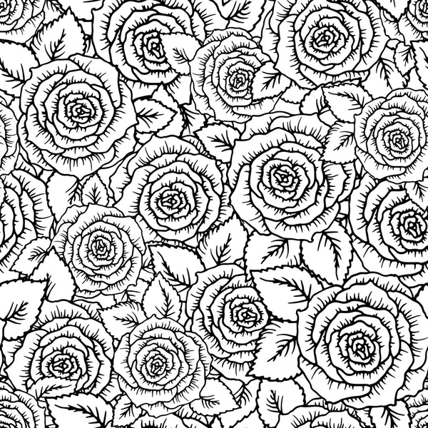Krásné černé a bílé bezešvé vzor růže s coutlines. Ručně kreslené obrysové čáry a tahy. Načrtněte gravírování stylu černobílé květiny a listy. Složité romantické pozadí, dekorace — Stockový vektor