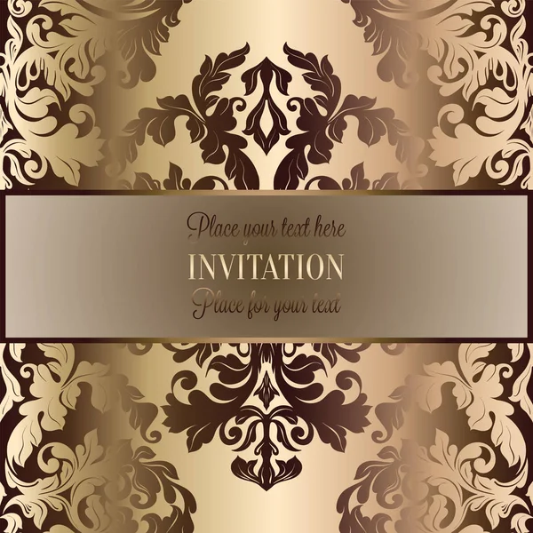 Fondo abstracto con rosas, marco vintage beige y oro de lujo, bandera victoriana, adornos de papel pintado floral damasco, tarjeta de invitación, folleto de estilo barroco, patrón de moda, plantilla para el diseño — Vector de stock