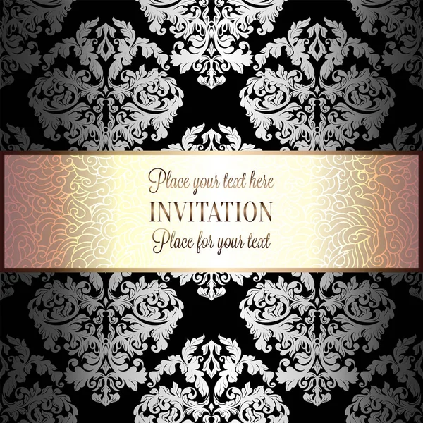 Baroque background with antique, luxury black, silver and gold vintage frame, victorian banner, damask floral wallpaper ornaments, invitation card, baroque style booklet, fashion pattern — Stock Vector