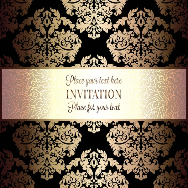 Baroque background with antique, luxury black and gold vintage frame, victorian banner, damask floral wallpaper ornaments, invitation card, baroque style booklet, fashion pattern, template for design — Stock Vector