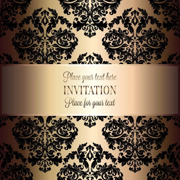 Baroque background with antique, luxury black and gold vintage frame, victorian banner, damask floral wallpaper ornaments, invitation card, baroque style booklet, fashion pattern, template for design — Stock Vector