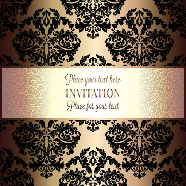 Baroque background with antique, luxury black and gold vintage frame, victorian banner, damask floral wallpaper ornaments, invitation card, baroque style booklet, fashion pattern, template for design — Stock Vector